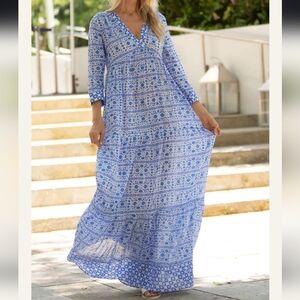Aspiga Mykonos Cotton Maxi Dress Blue/White Floral Boho Medium